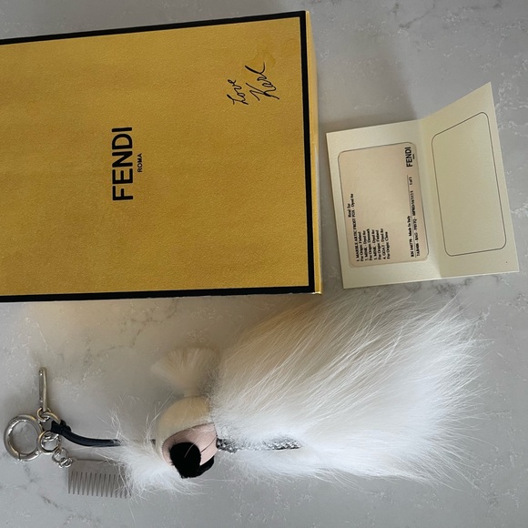 FENDI Karlito Bag Charm w/ Box White Mink Fox Fur - Picture 7 of 7